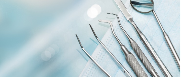Dental apparatus laid out on a table ready at the dentist ready for the next appointment.
