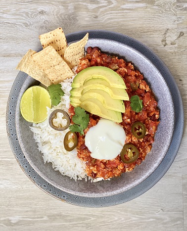Turkey Chilli with Rice and Avocado Salsa