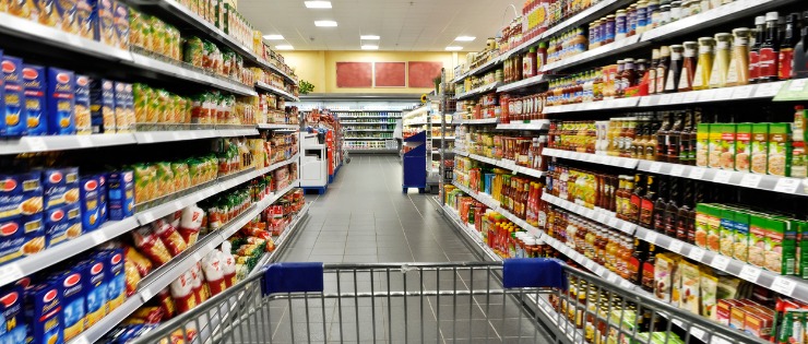 Supermarket aisle with packaged foods
