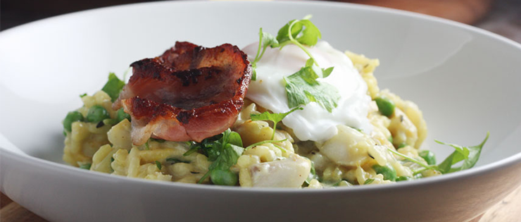 Smoked Fish Risotto with Bacon and Poached Egg